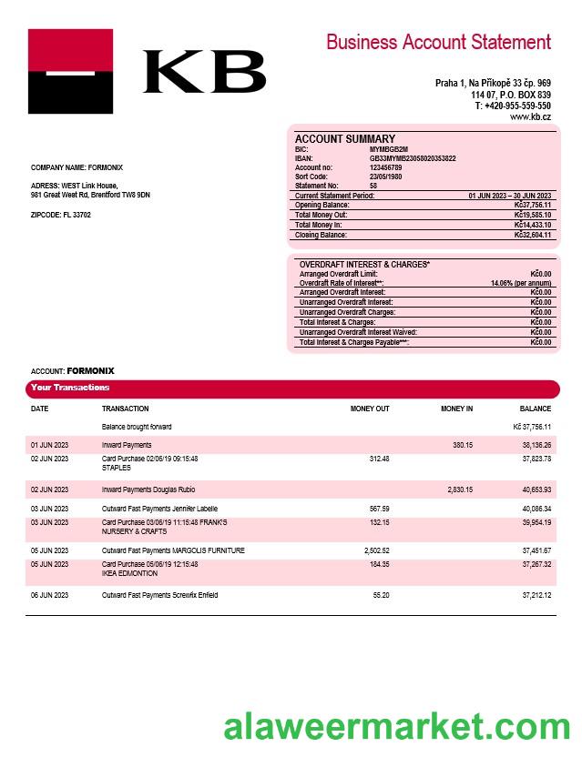 Komercni banka corporate checking account statement Word and PDF template